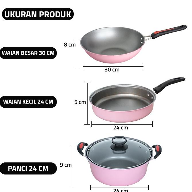 K6K3 GM Bear Panci Wajan Teflon Set 3 pcs 1561 - Arria Panci Teflon Penggorengan Set Pink 9RF