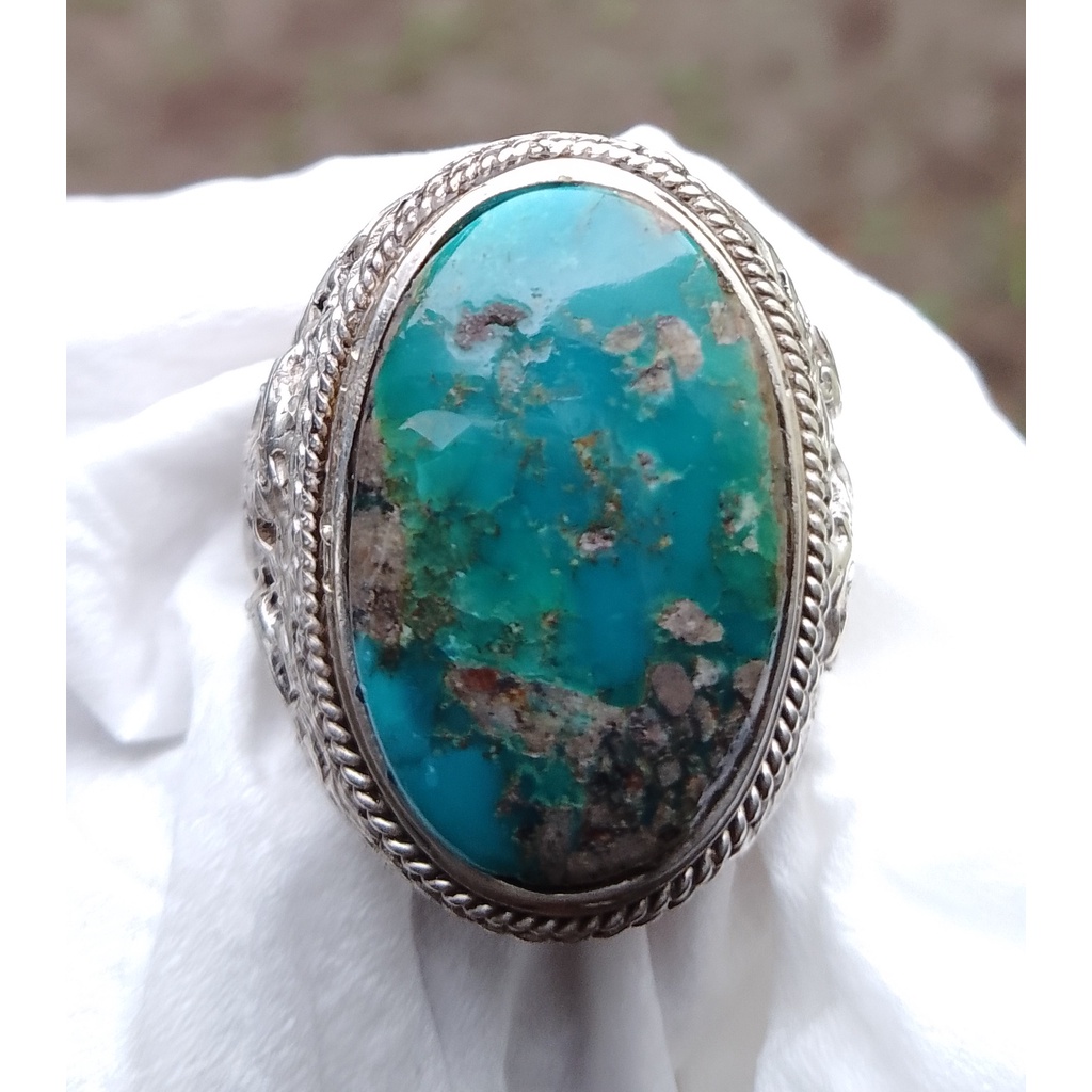 Natural Pirus Persia Biru Gradasi Ring Perak 925 HD Ukir
