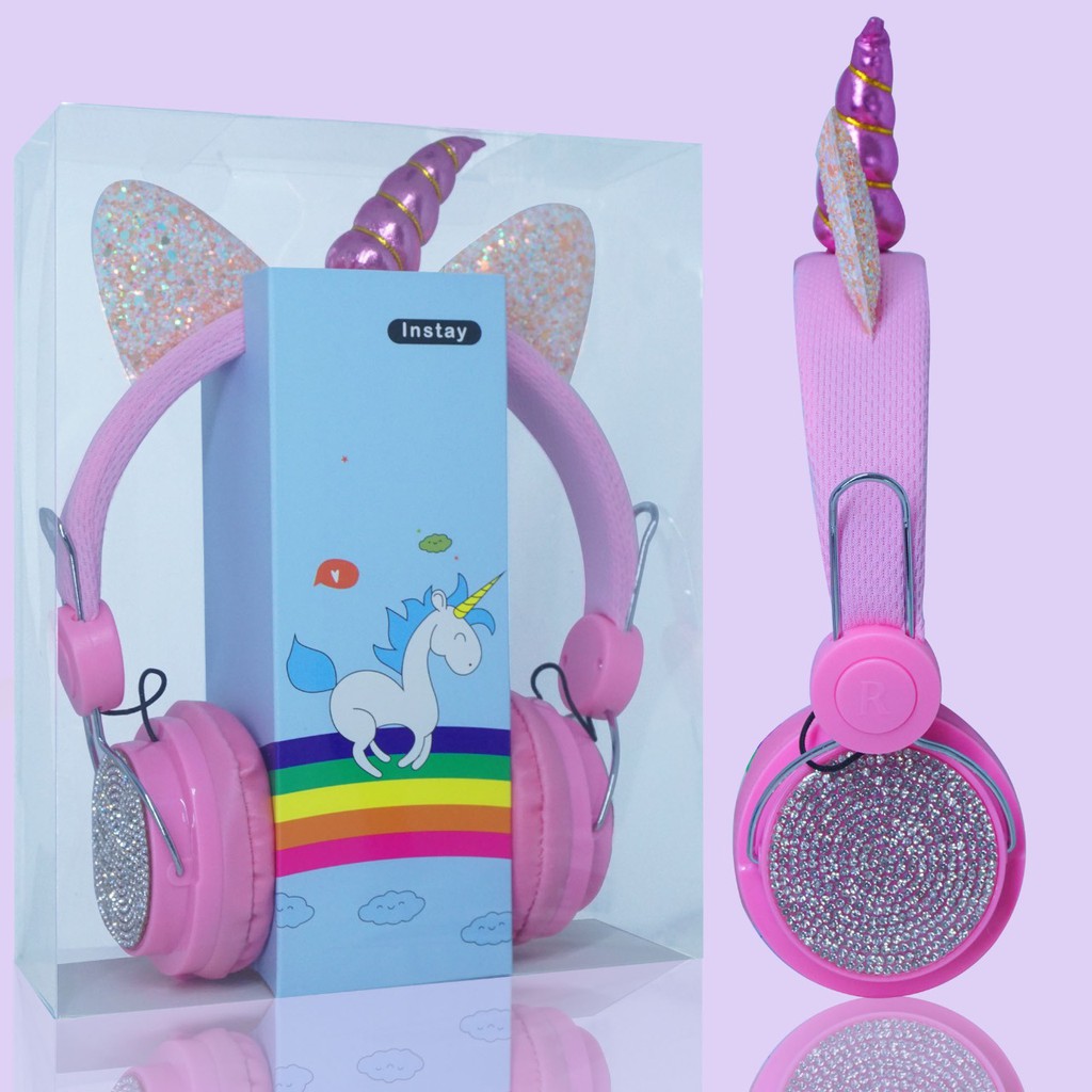 Roxyroxy- Headset Musik Stereo Sequin Plush Motif Unicorn Earphone + Mic High Quality