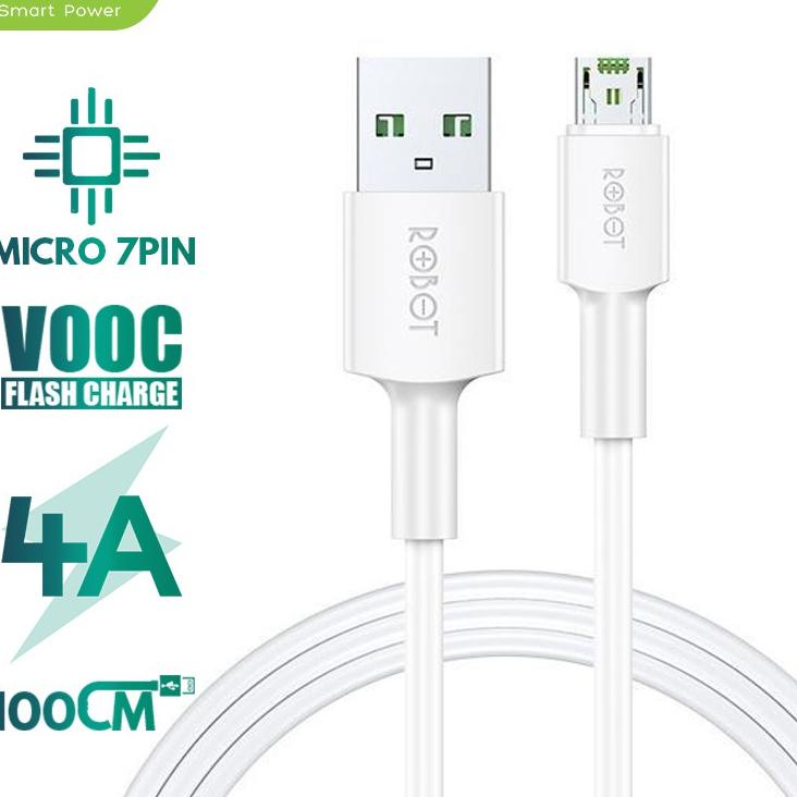 Top Seller ROBOT RVM100 4A 100cm VOOC Flash Charging Micro  Data Cable with Velcro Strap White Fast Charging