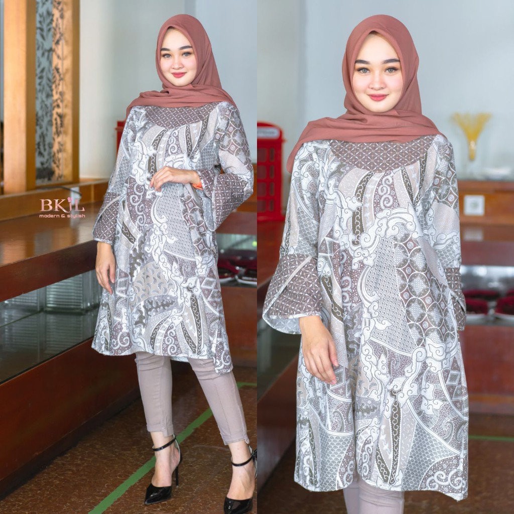 Tunik Sekar Gading Batik Soft Coklat Couple Sarimbit Midi Muslim Kantor Kerja Kondangan Pesta