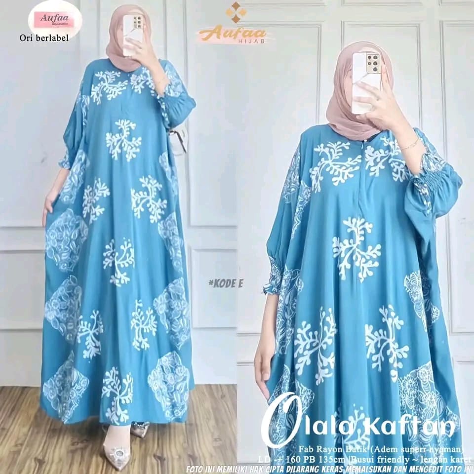 Olala Kaftan Wanita Jumbo XXXXL Motif Batik Cap Encim / Green Pine Kaftan Soft Color Sage Series Busui Lengan 7/8 Cotton Rayon