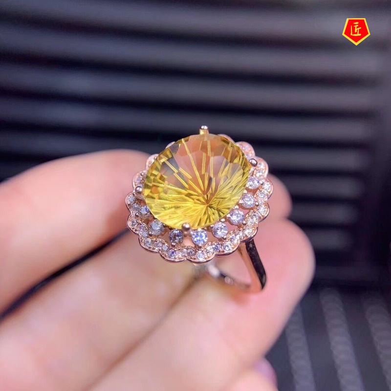 [Ready Stock]Exaggerated and Personalized Inlaid Citrine Open Ring