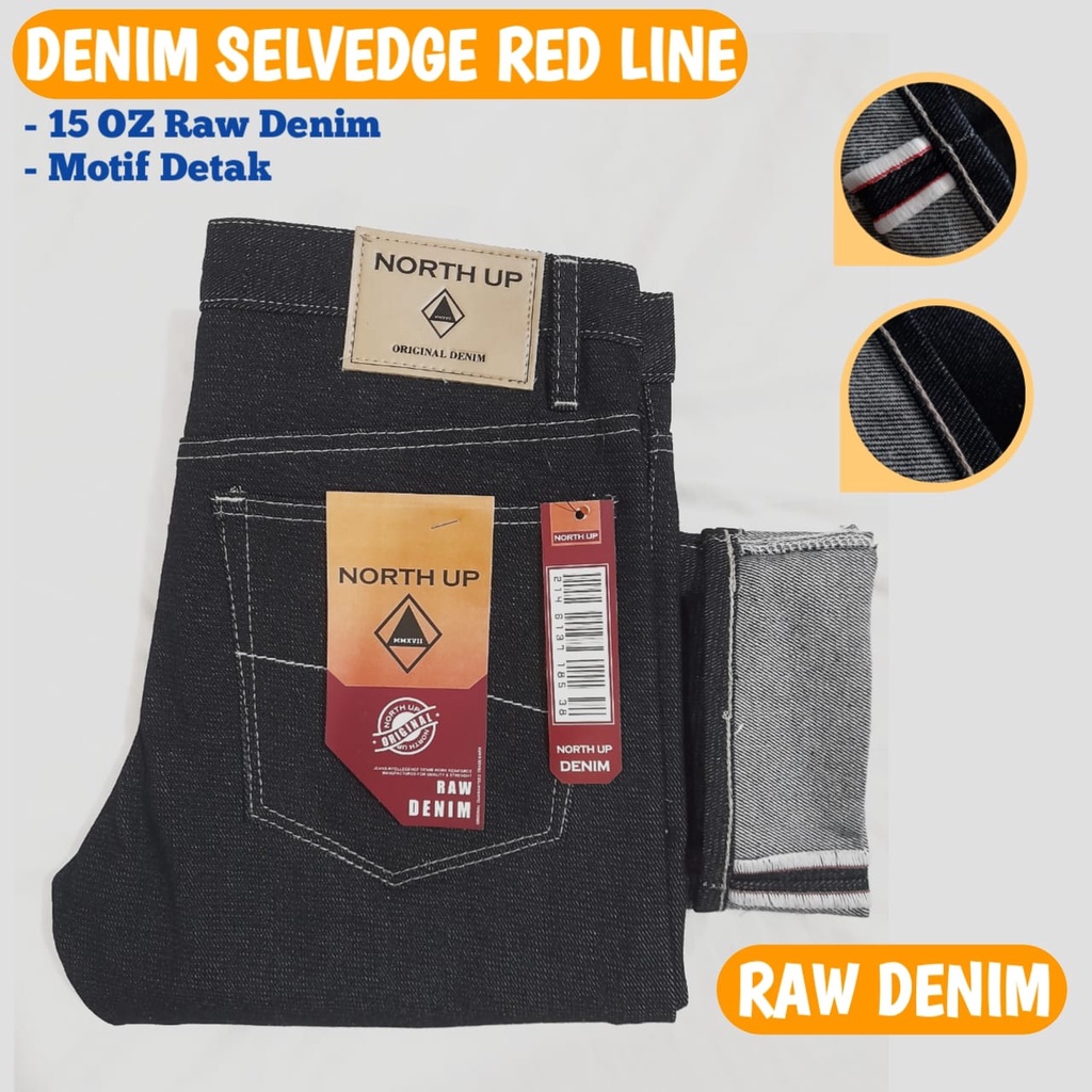 Celana Selvedge Raw Denim Black Indigo Red Line Shelstich Zigzag Gunungan Natural Fading Jeans