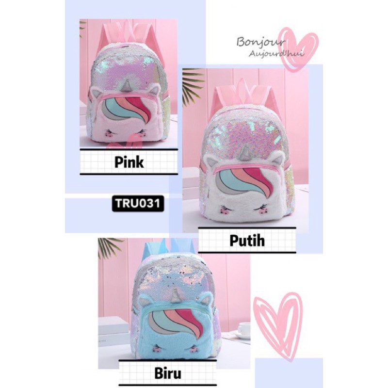 Tas Ransel Bulu Sequin Unicorn TRU031 backpack anak perempuan sd