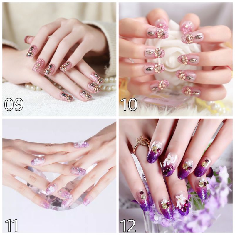 KUKU PALSU / WEDDING FAKE NAIL 3D / Blink Glitter Pink Merah Red Ungu Purple Gold Emas Silver Putih