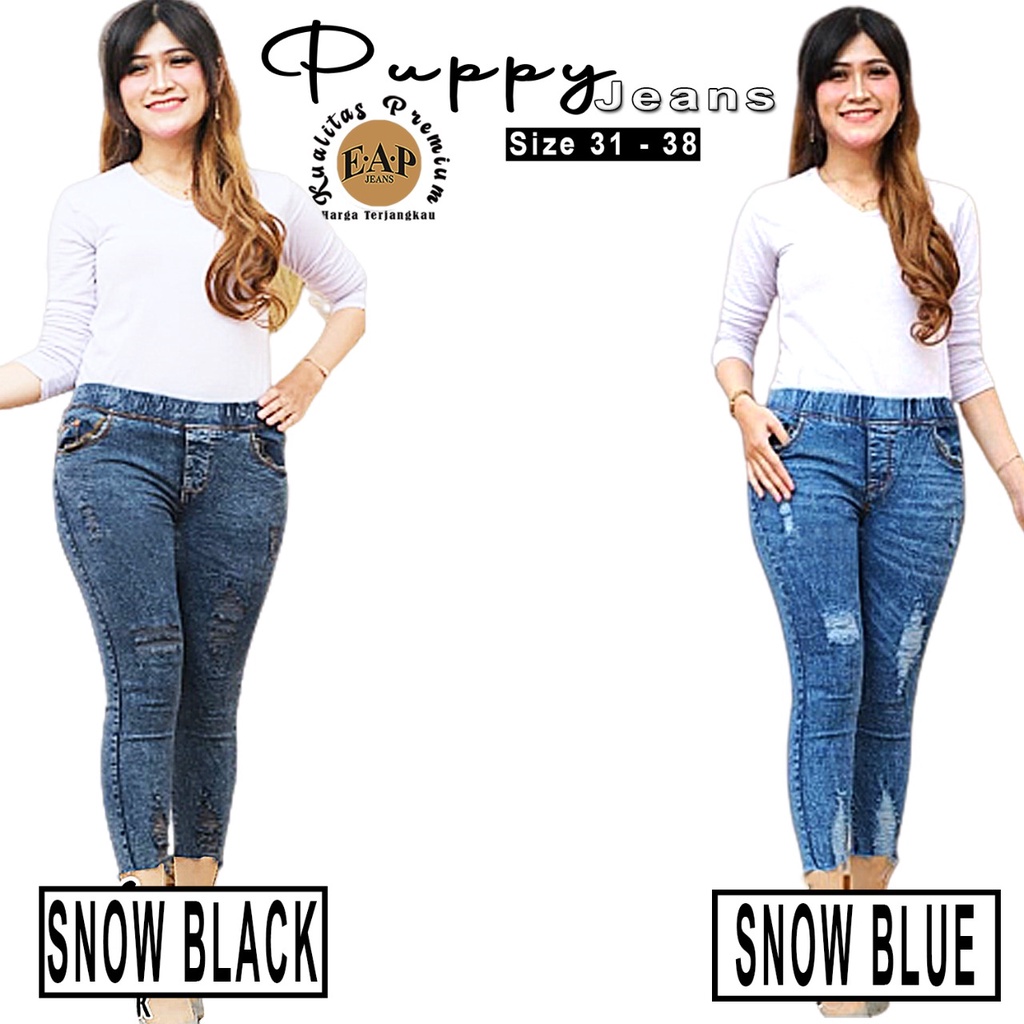 Celana Jeans Wanita Pinggang Karet PUPPY Sobek Tidak Tembus Kekinian 2021