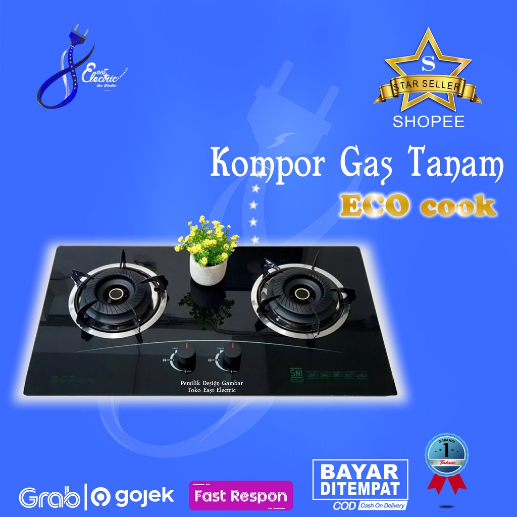 Kompor Gas Tanam Kaca 2 tungku ECO COOK, Tempered Glass, Kaca Kuat dan anti panas dan MURAH