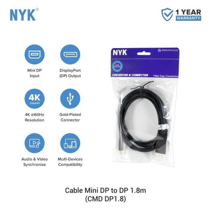 NYK Kabel Mini Display Port to Display Port 1.8m - Gold Plate 4K