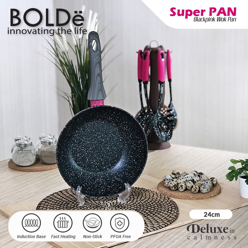 Bolde Super Pan Beige Blackpink 24 cm Panci Penggorengan Deep Wok 24 Bisa Kompor Induksi | Stir Fry Wajan Anti Lengket Granit 24cm | Granite