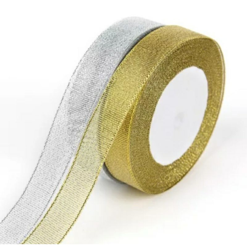 Pita Glitter/Pita Organdi warna Gold dan silver Uk.15 mm(1/2 in) harga per roll 18 m