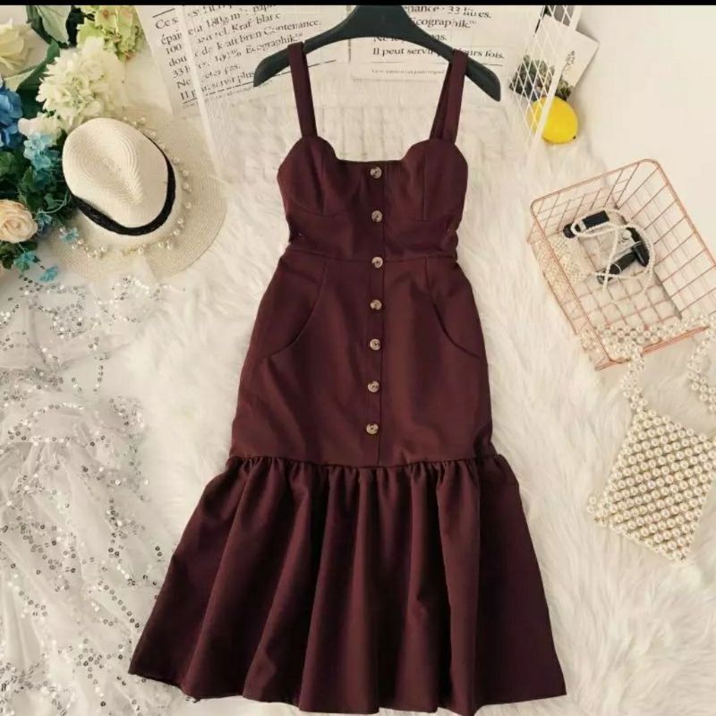 dress Nina kancing depan RUFFLE bawah// mini dress maroon tanpa lengan