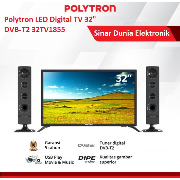 Polytron LED Digital TV 32&quot; DVB-T2 Cinemax 32TV1855 Speaker Tower