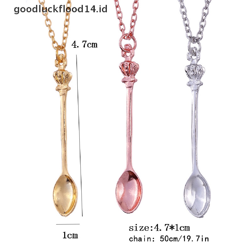 [OOID] Fashion Women Tiny Tea Spoon Crown Pendant Necklace Alloy Chain Charm Jewelry ID