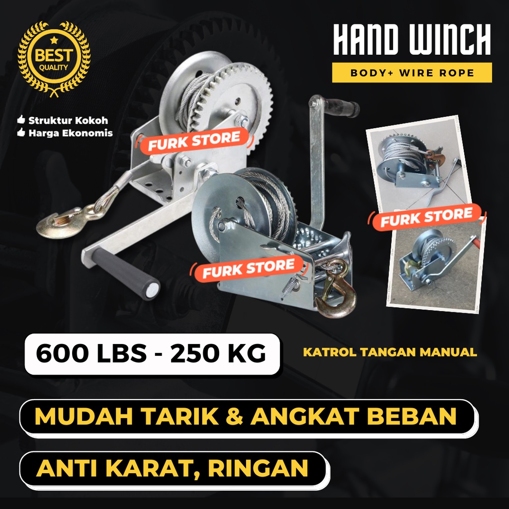 Hand Winch 600LBS + Wire Rope , Boat Winch Manual, Katrol Tangan Kerekan 250KG, Katrol Manual, Winch