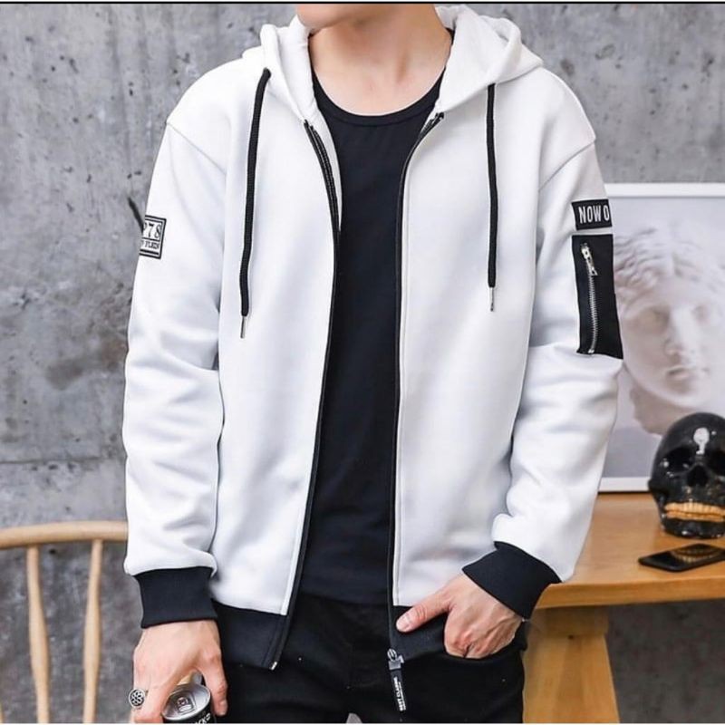 NOW OR BOMBER PUTIH / JAKET HOODIE / SWEATER HOODIE PRIA