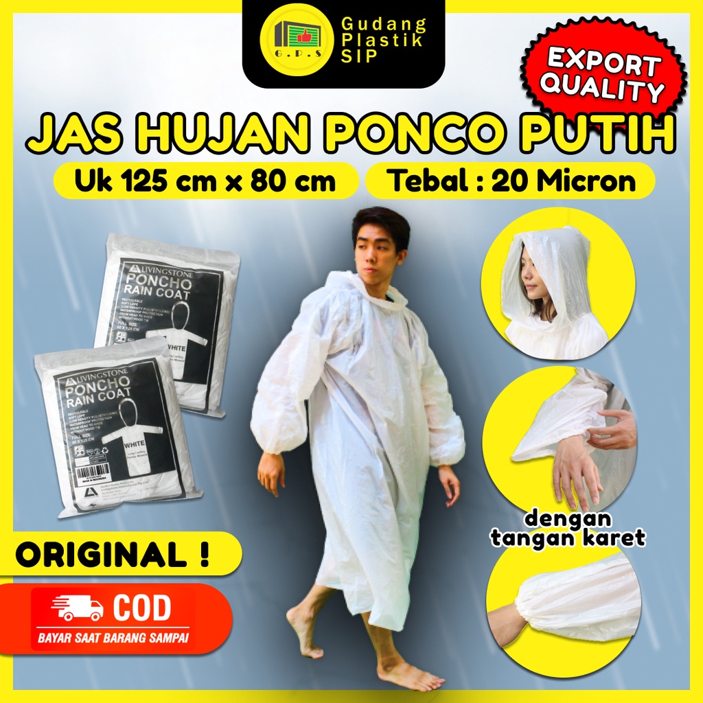 Jas Hujan Plastik Ponco Warna PUTIH Export Quality / Tebal &amp; Murah