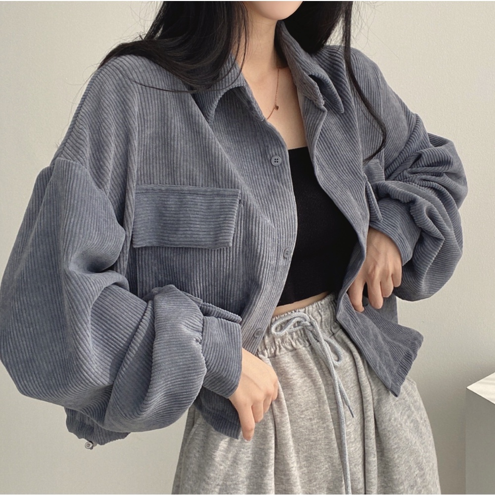 jaket korduroi pendek retro wanita warna solid atasan korea style