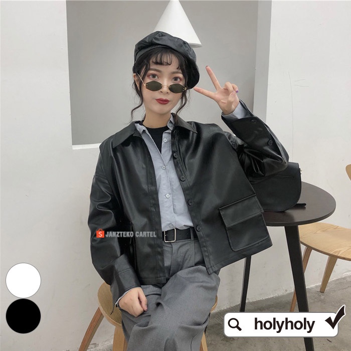 JNK x HOLY - Jaket Wanita Oversize Synthetic Leather Jacket Chic Retro Spring Big Size Cewek Perempuan Semi Formal Kerah Kemeja Tangan Panjang Saku Pocket Korea Style KPOP Klovers Oversized Besar Casual Acara Pesta Jalan Jalan Nongkrong OOTD Model Terbaru