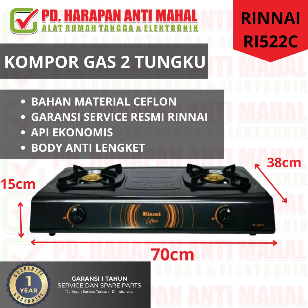 KOMPOR GAS RINNAI 2 TUNGKU RI522C/ KOMPOR RINNAI 2 TUNGKU
