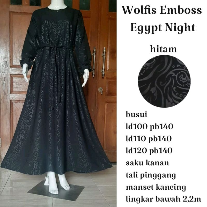gamis syari wolfis embos motif-hitam egypt night