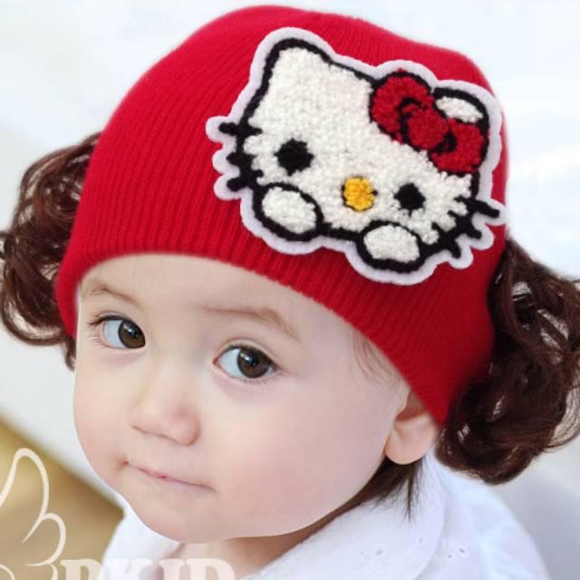 1234OS - TOPI KUPLUK RAJUT BAYI MOTIF KITTY &amp; LOVE/ TOPI UNISEX /  BABY HAT WIG / KUPLUK IMUT