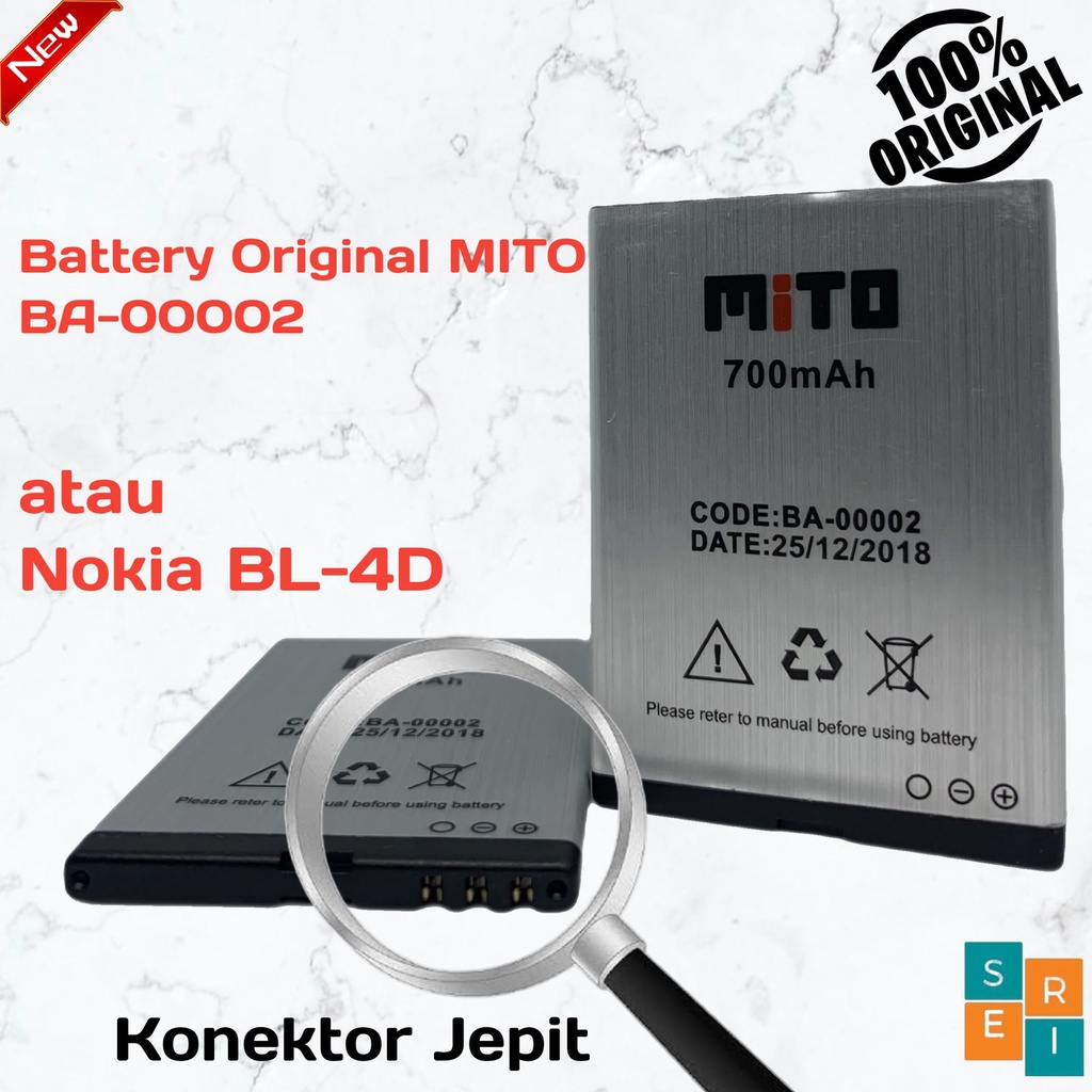 Baterai Batre Batrai Battery Mito Ori Original  New/Baru BA-00002 BL-4D Candybar/ Featurephone