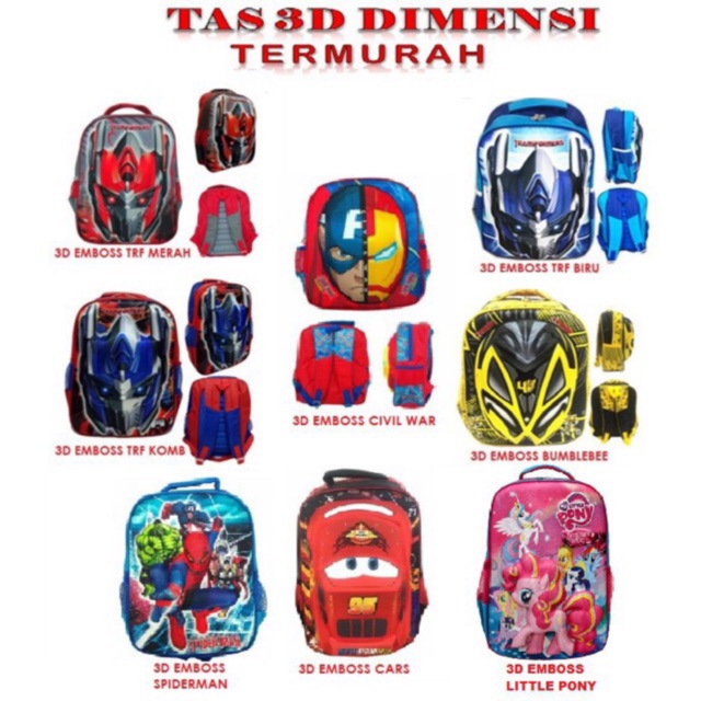 Tas Ransel Sd 3 Dimensi Emboss Timbul Little Pony Transformer Bumblebee Cars Spiderman