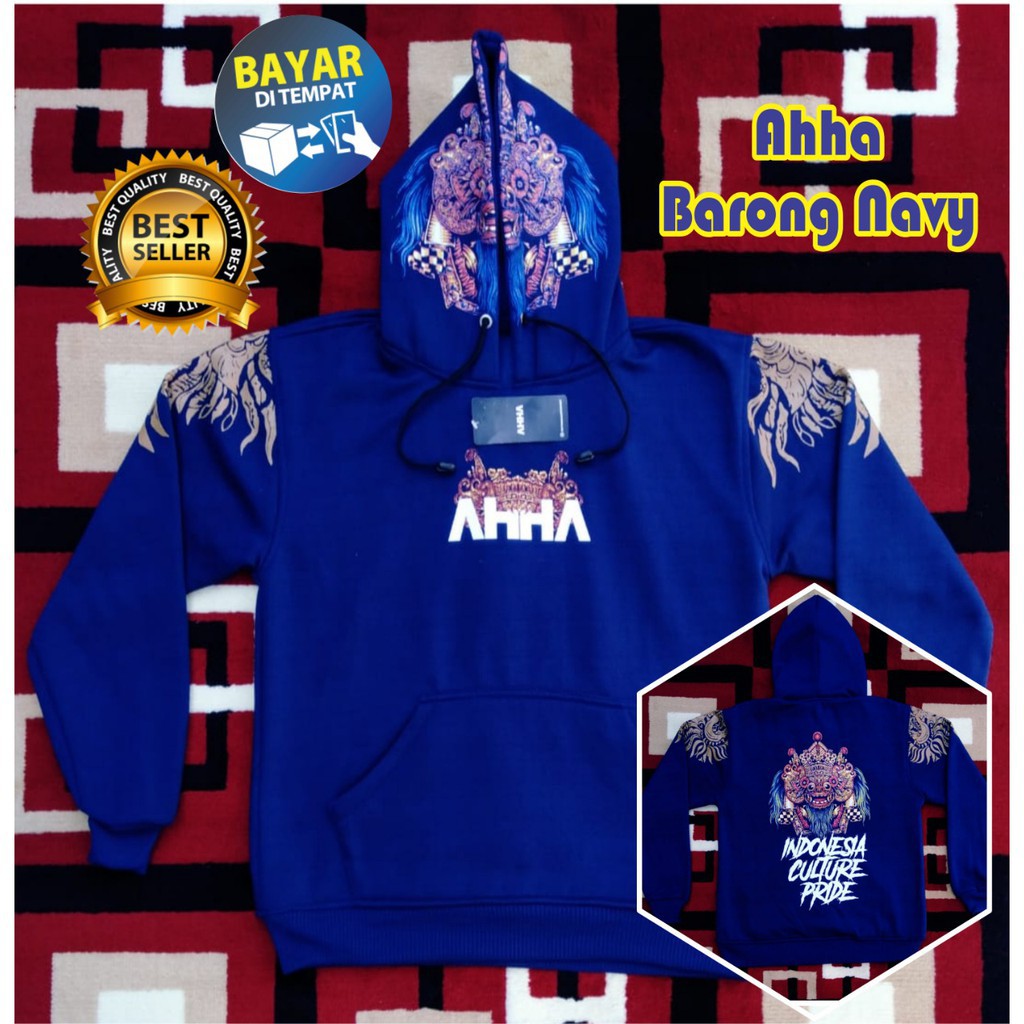 Jaket Sweater Hoodie AHHA Barong Bali Navy Fleece Tebal