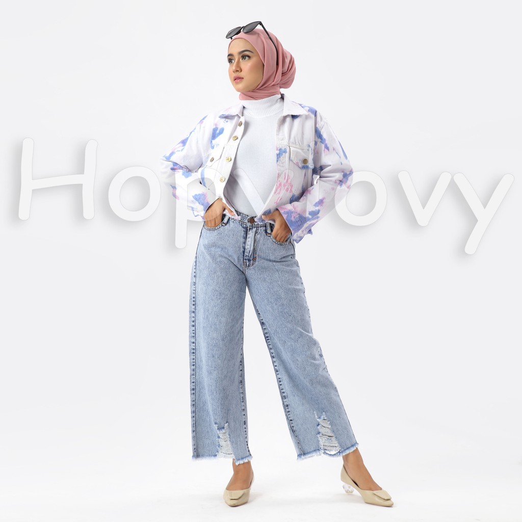 HOPYLOVY - Jaket Jeans Wanita Motif Tie Dye Sunrise