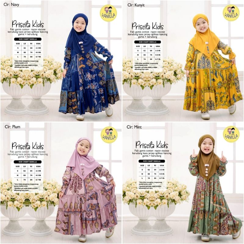 PRISCILA KIDS BY VANILLA GAMIS RAYON MOTIF + JILBAB INSTANT ANAK