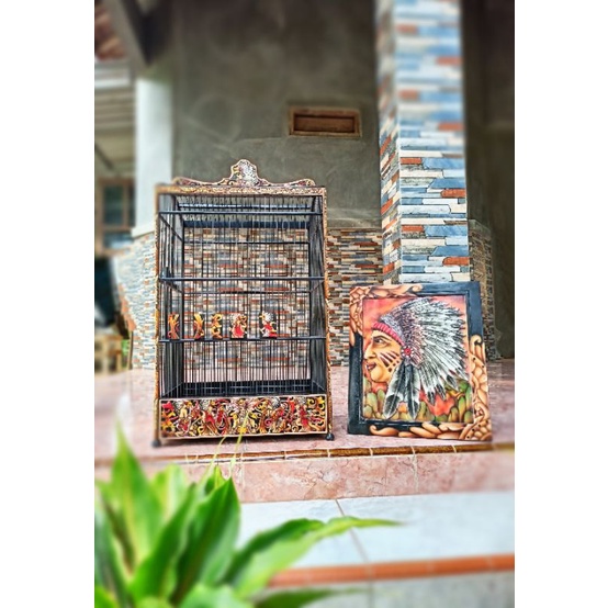 Sangkar ukir cukit jati, cat airbras