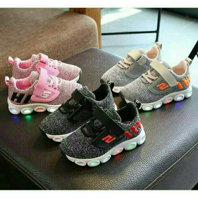 Sepatu Kets LED Lampu Sekolah Sporty sneaker skecher Hitam Abu Pink