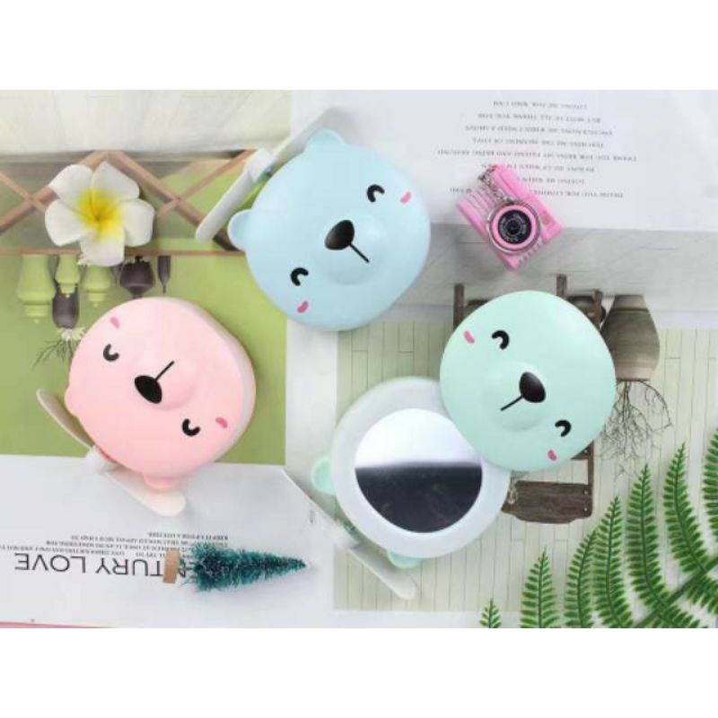 Kipas angin cermin rias pribadi lampu LED portable make up mini 3in1 karakter mini fan mirror