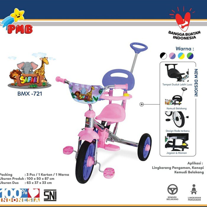 PMB 721 Sepeda BMX Roda Tiga Anak Tricycle Sandaran Stenlis Chrome Dorongan Jagaan PMB721