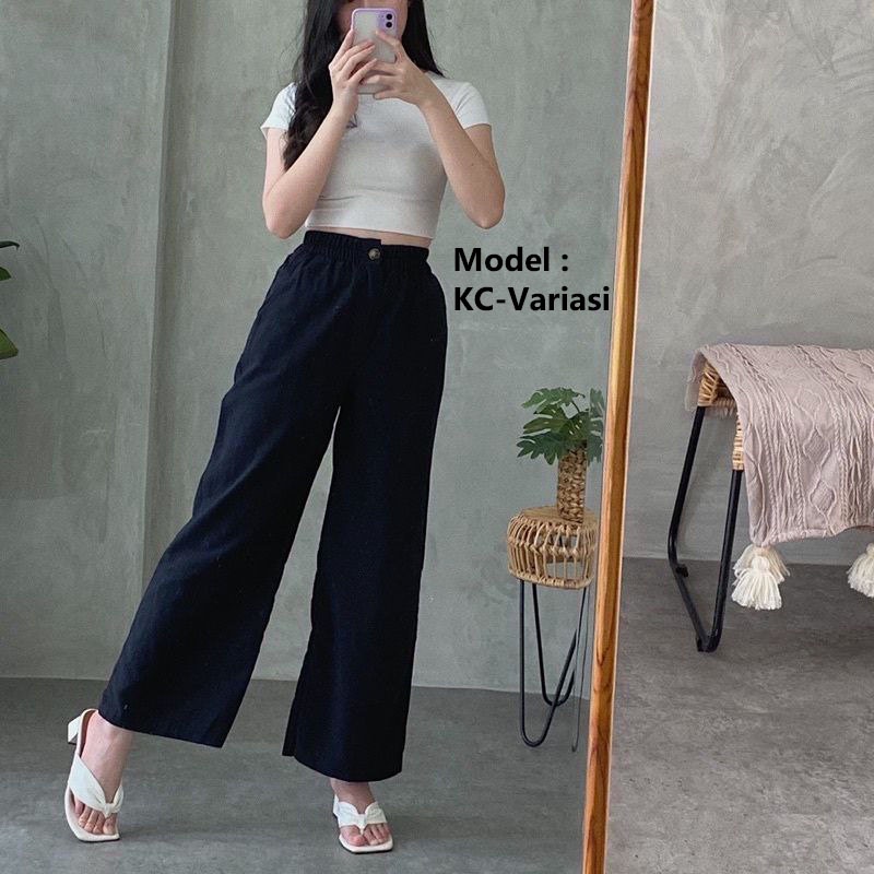 Celana Kulot Linen Resleting Kancing Celana Rami Wanita Highwaist Premium