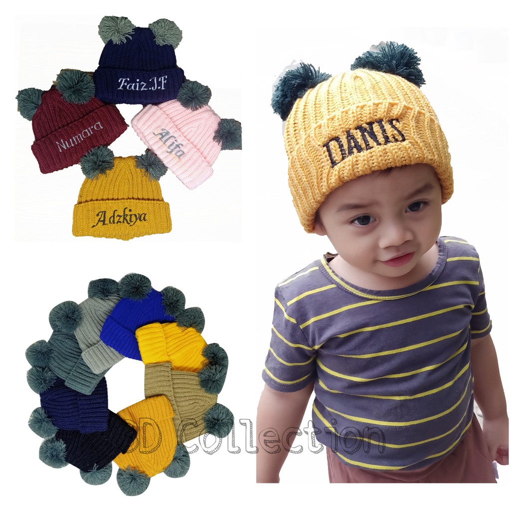 Topi Kupluk Rajut Pompom Bordir Nama Bayi Anak Kupluk Winter Anak