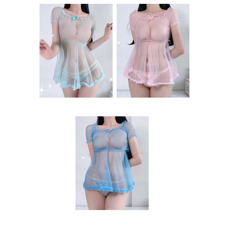 Sexy Lingerie dan G String Transparent Lucu Babydoll Mini dress 3A506