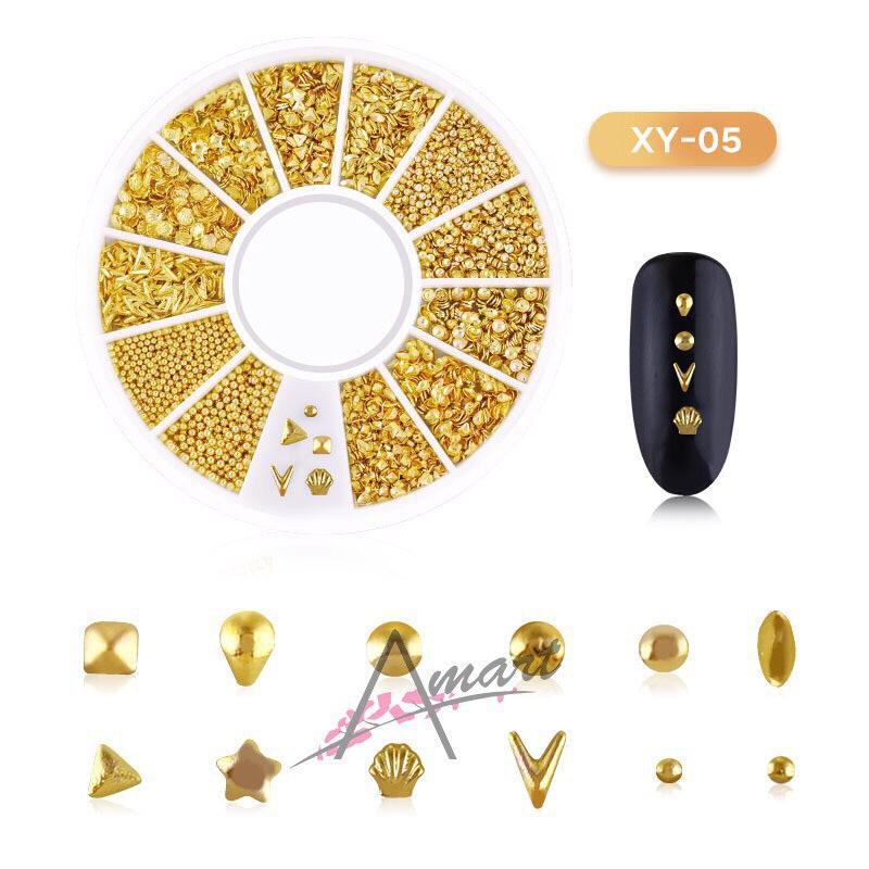 Hiasan Metal Bentuk Geometri Campur Aksen Hollow 3D Warna Gold untuk Dekorasi Nail Art 3D Kutek nail