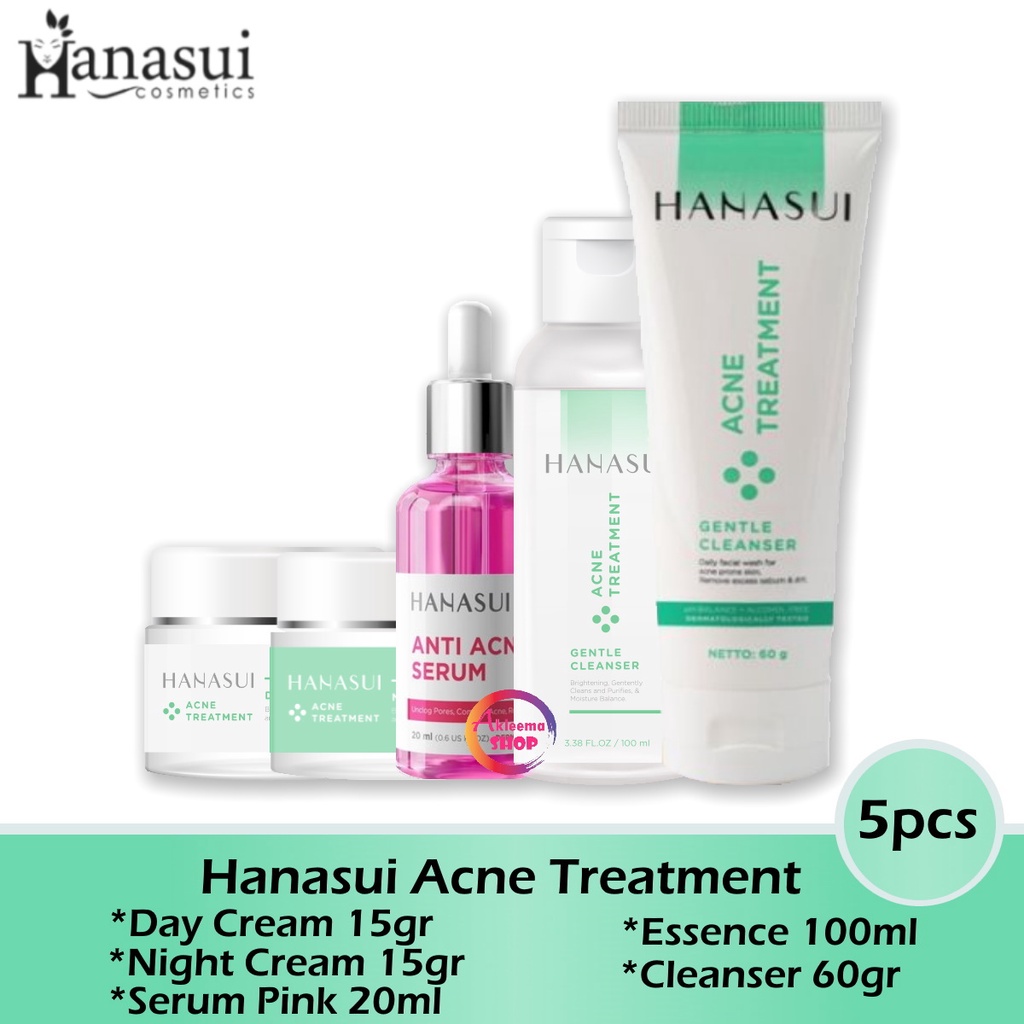 Hanasui Paket Acne Treatment Kulit Berminyak &amp; Berjerawat 5pcs (Day 15gr+Night 15gr+Serum Pink 20ml+Essence 100ml+Cleanser 60gr)