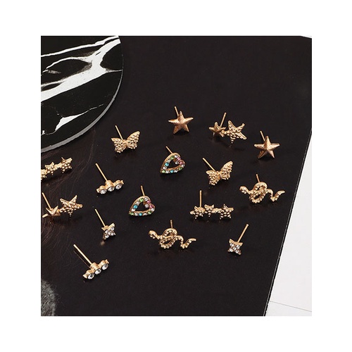 LRC Anting Tusuk Fashion Golden Diamond Hearts Butterfly Snake Alloy Earring Set K01123