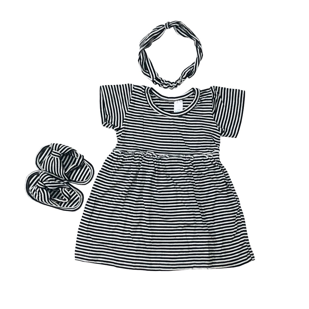 Ava 0-12 Bulan Dress Set Bayi / Dres Set Anak Bayi Little Koda - Toko Uwais Grosir-White Black Stripes