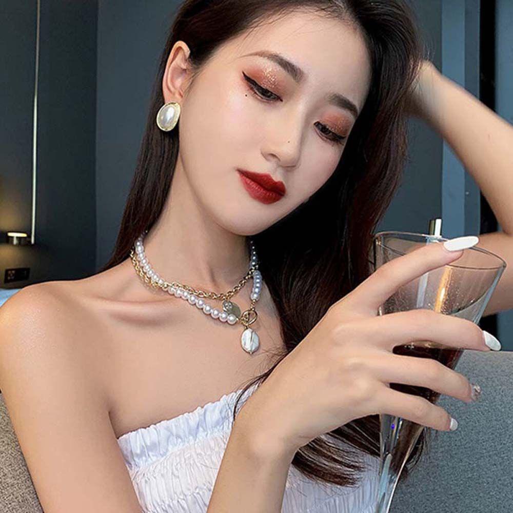 Mxbeauty Berlapis Ganda Chocker Koin Liontin Manis Perempuan Perhiasan Pesta Mutiara Imitasi Pendek Kalung Grils Hadiah Mutiara Klavikula Rantai