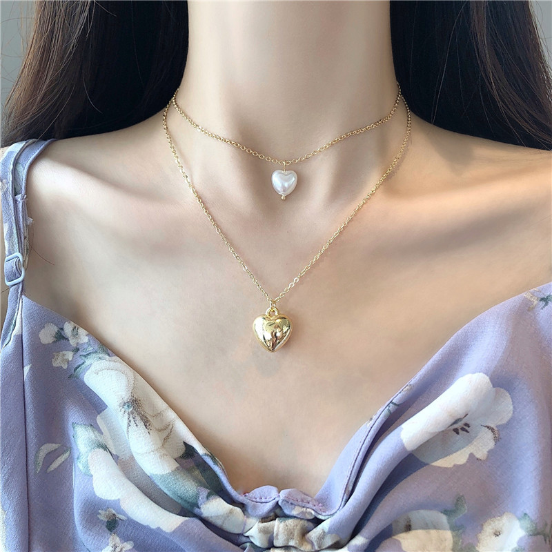 Kalung Rantai Klavikula Hias Liontin Hati Ganda Lapis Emas Gaya Retro Korea Untuk Wanita