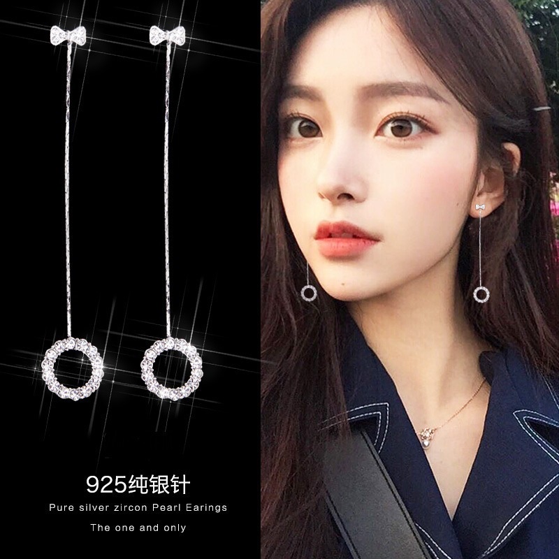 S925 anting-anting Korea sederhana pribadi all-match bow circle Berlian panjang anting-anting hypoal