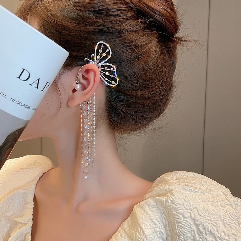 Crystal Butterfly Tassel Clip Earrings Elegant Bowknot Shining Earring for Women Fashion Accessories Jewelry