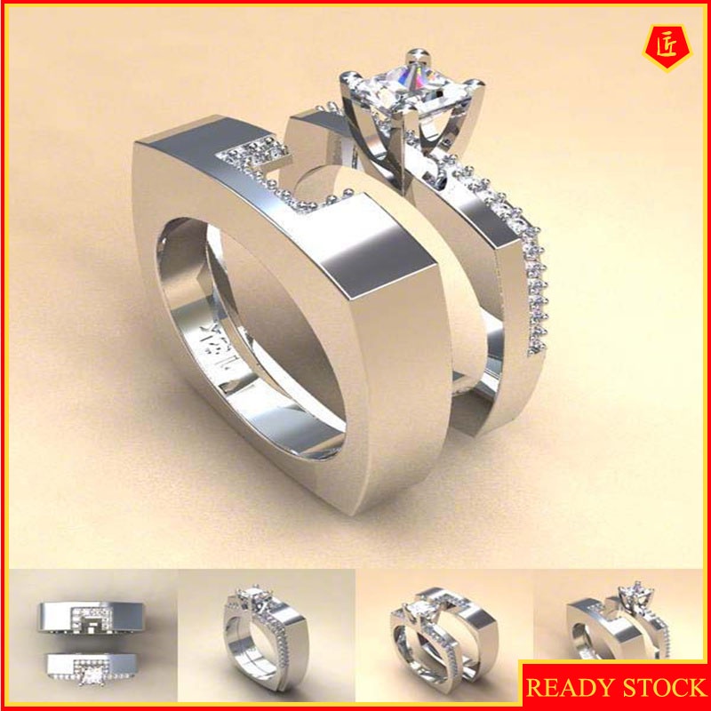 [Ready Stock]Creative Square Inlaid Diamond Ring Set