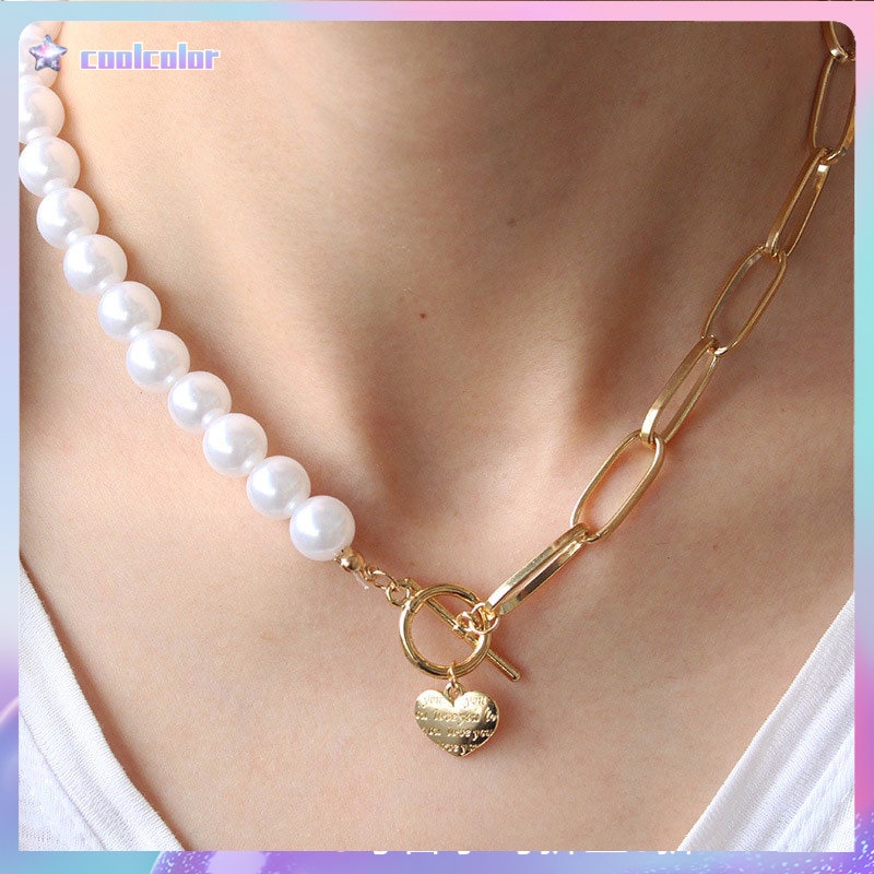 [Ready stock]Kalung wanita korean style rantai Kalung Liontin Wanita Cinta Hati Korea Rantai Klavikula Gesper Mutiara Retro Emas COD