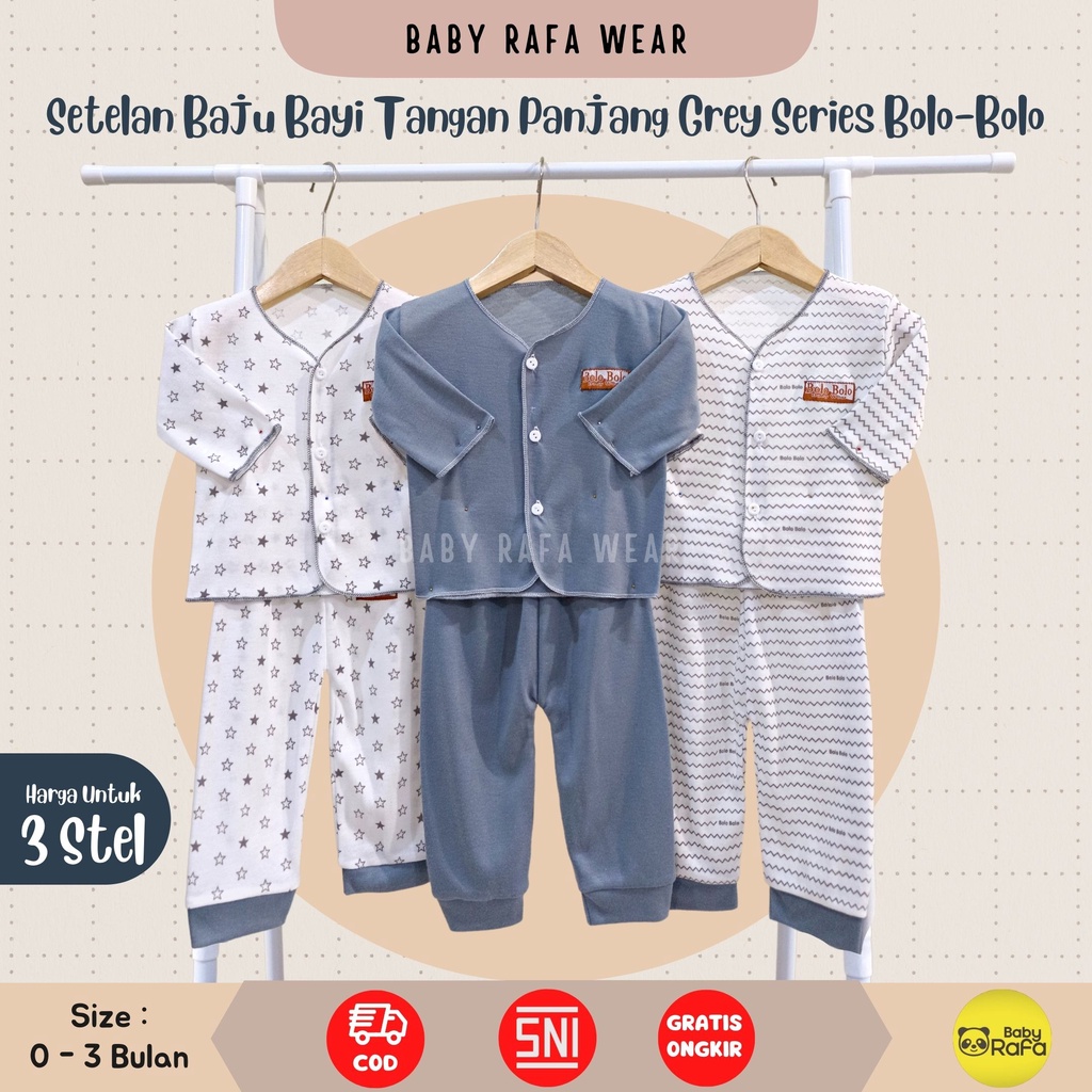 Serian Abu - 3 Stel Setelan Baju Bayi Tangan Panjang Celana Panjang Bayi 0 sd 3 Bulan GREY SERIES merk SNI Bolo - Bolo