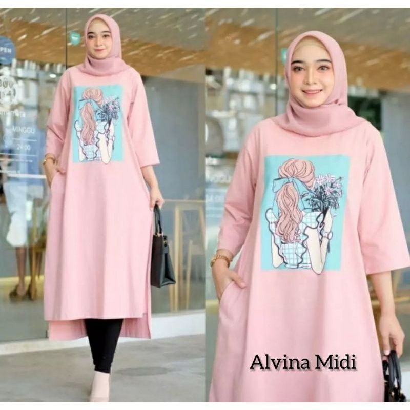 Alvina midi dress terbaru / dress wanita terlaris 2022 / pakaian midi tunik wanita